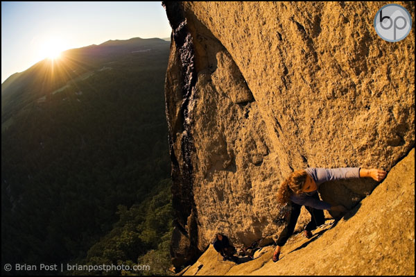 Anne Skidmore on Recompense at sunrise. Cathedral Ledge in Bartlett, New Hampshire.