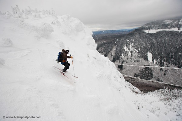 Jim Surette skiing the Mountaineer's Route on Mount Webster in Crawford Notch. Mount Willey in the background.