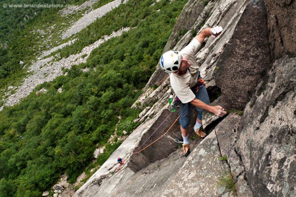 Andy Tuthill leading the 2nd pitch (5.10+) of the VMC Direct Direct on Cannon Cliff in Franconia Notch, New Hampshire.