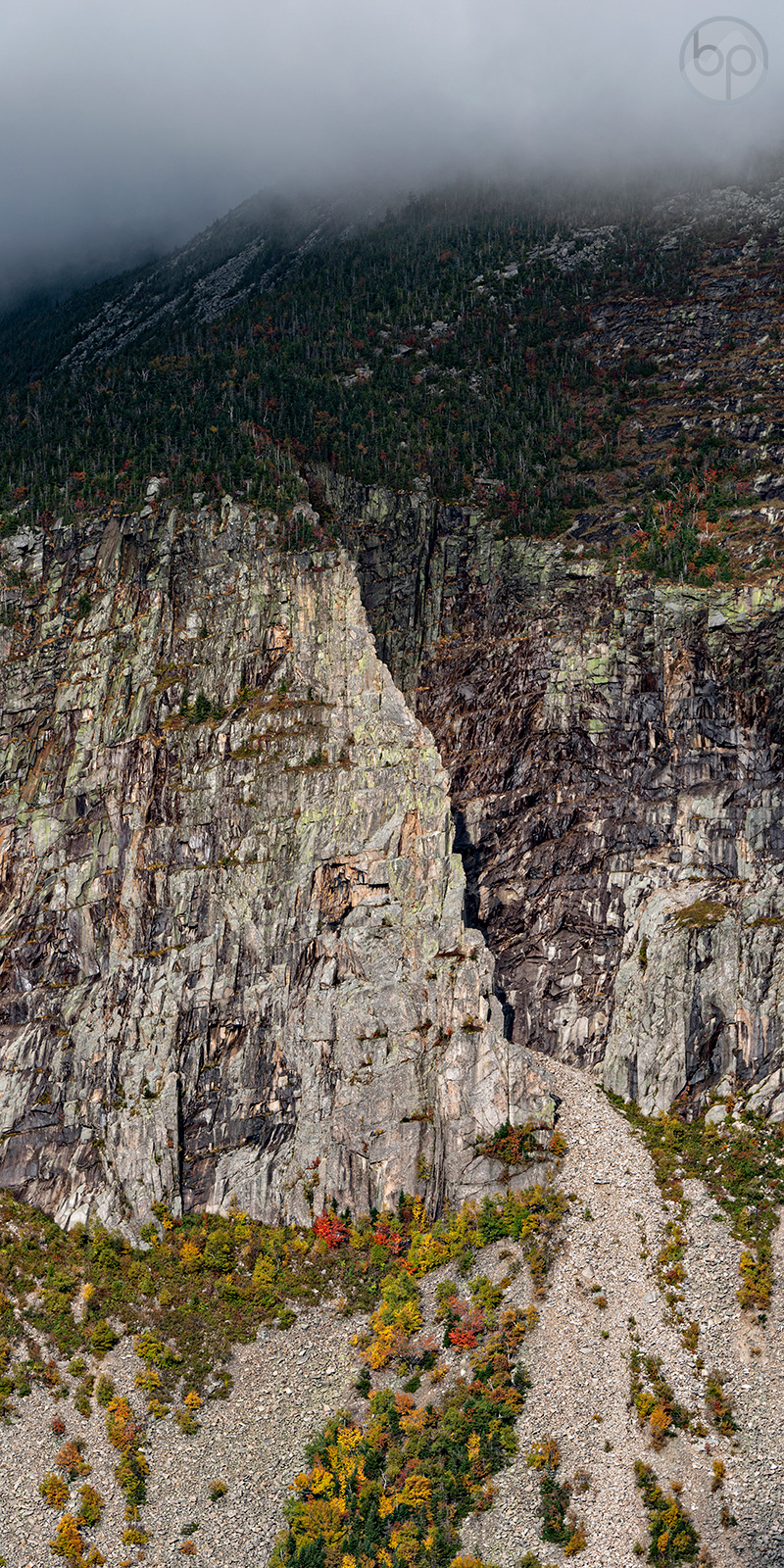 Vertical panorama of the Whitney Gilman Ridge on Cannon Cliff in Franconia Notch, New Hampshire.